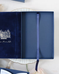 Luxury Velvet Hard Back Book & Box Pocket Invitation in Navy with Gold Foil Venue | Bespoke Commission J&M