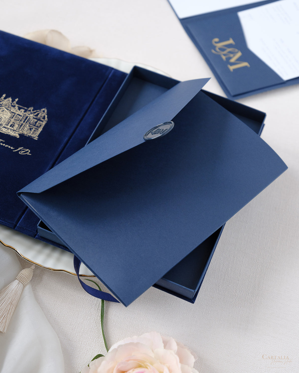 Luxury Velvet Hard Back Book & Box Pocket Invitation in Navy with Gold Foil Venue | Bespoke Commission J&M
