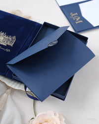 Luxury Velvet Hard Back Book & Box Pocket Invitation in Navy with Gold Foil Venue | Bespoke Commission J&M