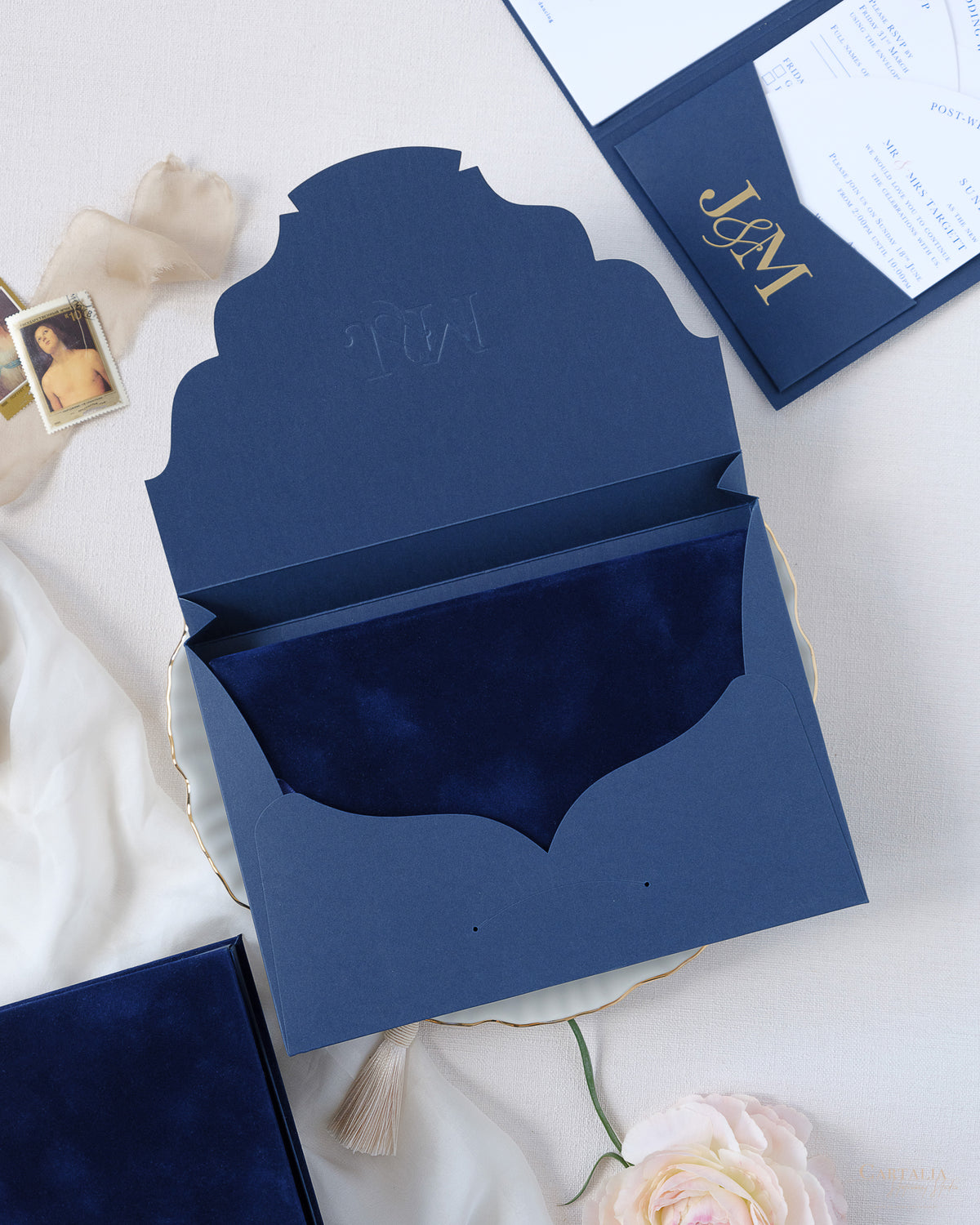 Luxury Velvet Hard Back Book & Box Pocket Invitation in Navy with Gold Foil Venue | Bespoke Commission J&M