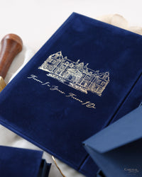 Luxury Velvet Hard Back Book & Box Pocket Invitation in Navy with Gold Foil Venue | Bespoke Commission J&M