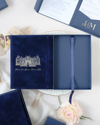 Luxury Velvet Hard Back Book & Box Pocket Invitation in Navy with Gold Foil Venue | Bespoke Commission J&M