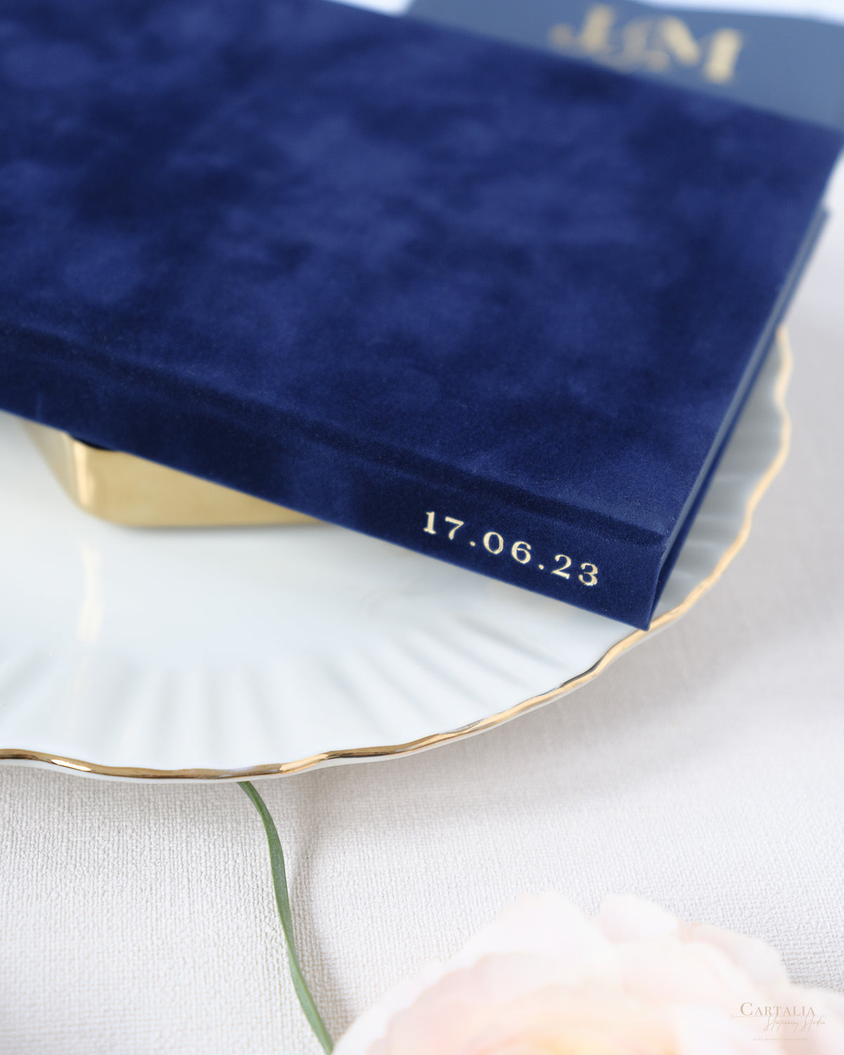 Luxury Velvet Hard Back Book & Box Pocket Invitation in Navy with Gold Foil Venue | Bespoke Commission J&M
