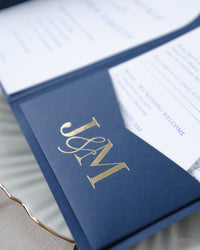 Luxury Velvet Hard Back Book & Box Pocket Invitation in Navy with Gold Foil Venue | Bespoke Commission J&M