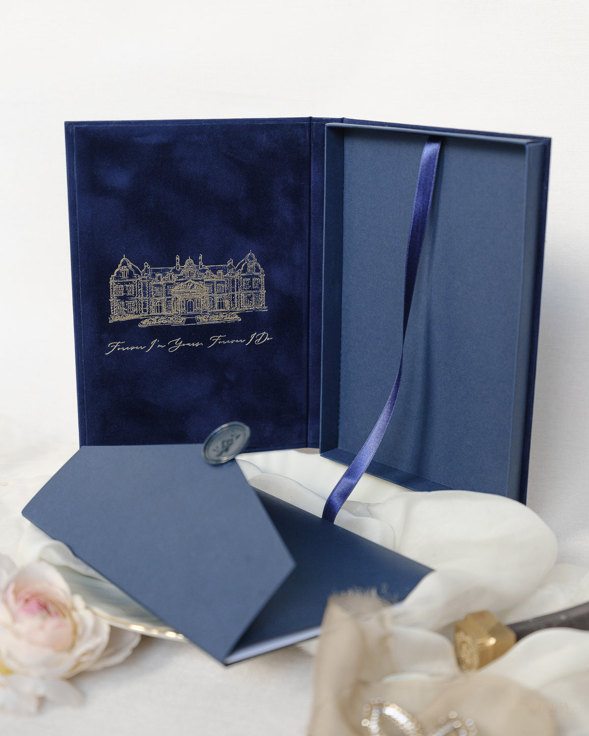 Luxury Velvet Hard Back Book & Box Pocket Invitation in Navy with Gold Foil Venue | Bespoke Commission J&M