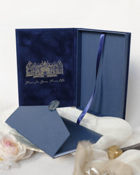 Luxury Velvet Hard Back Book & Box Pocket Invitation in Navy with Gold Foil Venue | Bespoke Commission J&M
