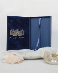 Luxury Velvet Hard Back Book & Box Pocket Invitation in Navy with Gold Foil Venue | Bespoke Commission J&M