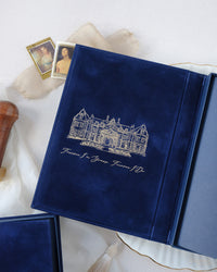 Luxury Velvet Hard Back Book & Box Pocket Invitation in Navy with Gold Foil Venue | Bespoke Commission J&M