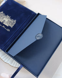 Luxury Velvet Hard Back Book & Box Pocket Invitation in Navy with Gold Foil Venue | Bespoke Commission J&M