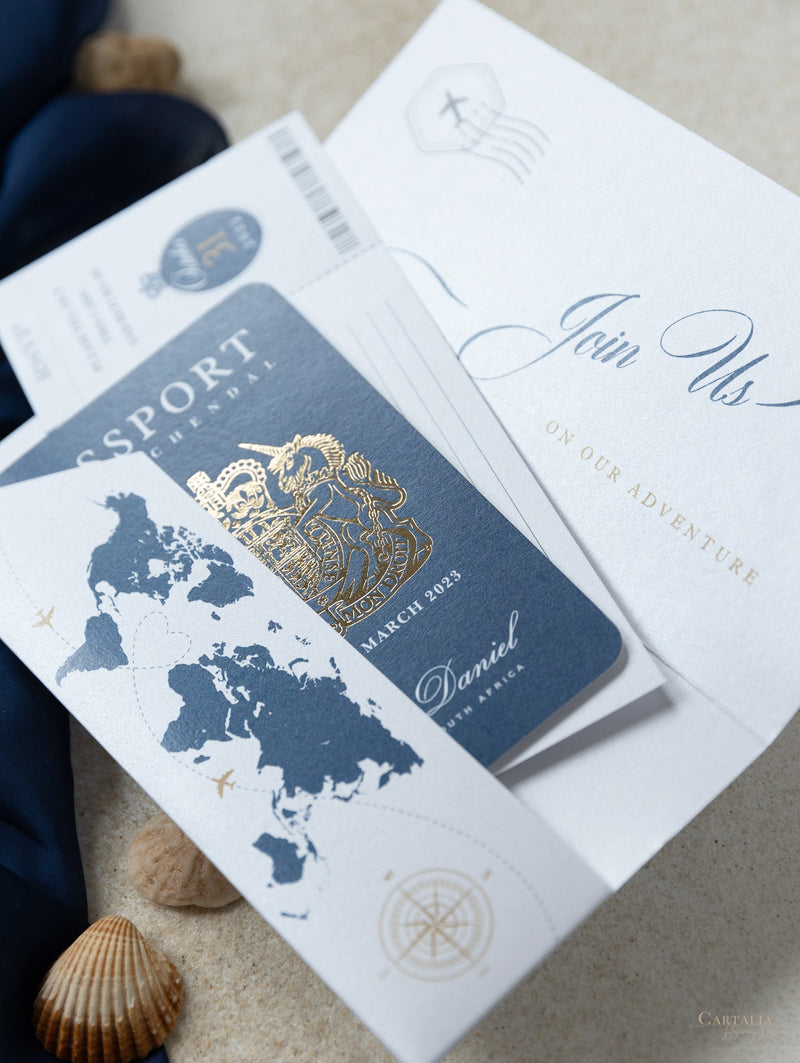 Navy Blue & Gold Travel Wallet : Luxury Wedding Passport Invite in Pocket & Mirror Tag Passport Invitation Suite