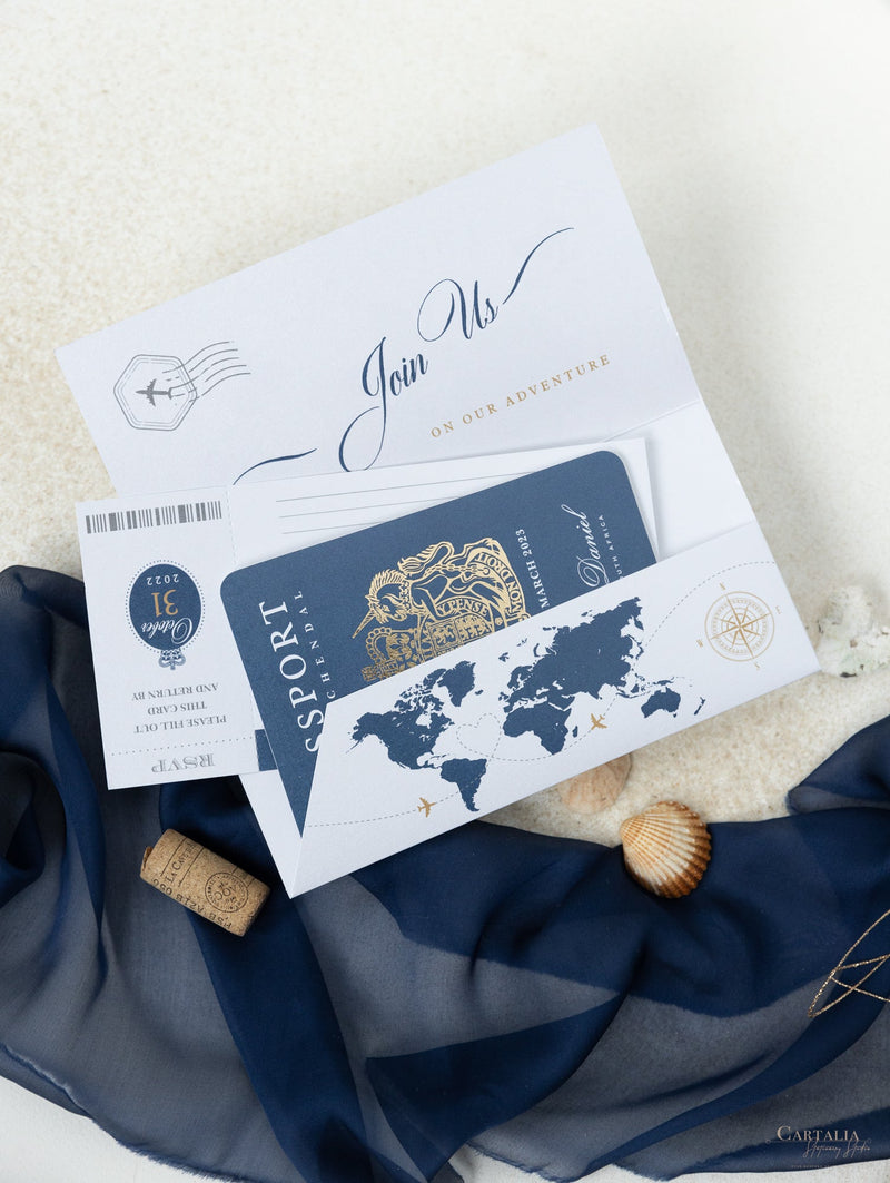 Navy Blue & Gold Travel Wallet : Luxury Wedding Passport Invite in Pocket & Mirror Tag Passport Invitation Suite