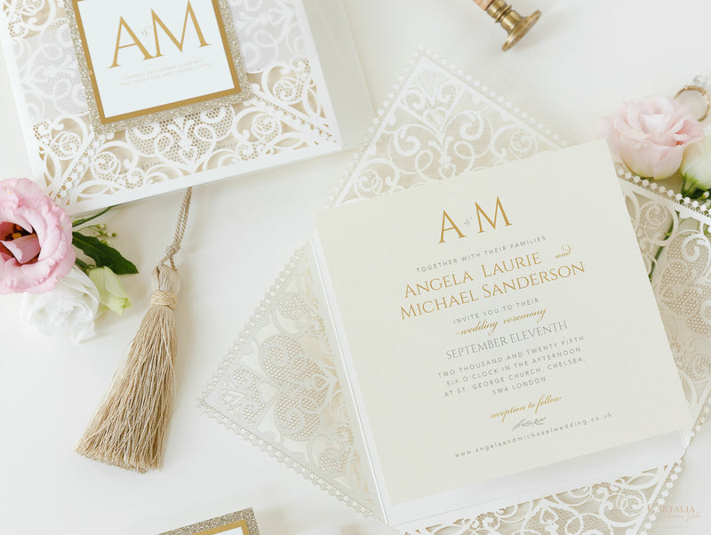 Monogram Belly Band Intricate Laser Cut Square Foil border with Glitter Pocket Invitation