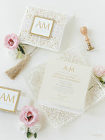 Monogram Belly Band Intricate Laser Cut Square Foil border with Glitter Pocket Invitation