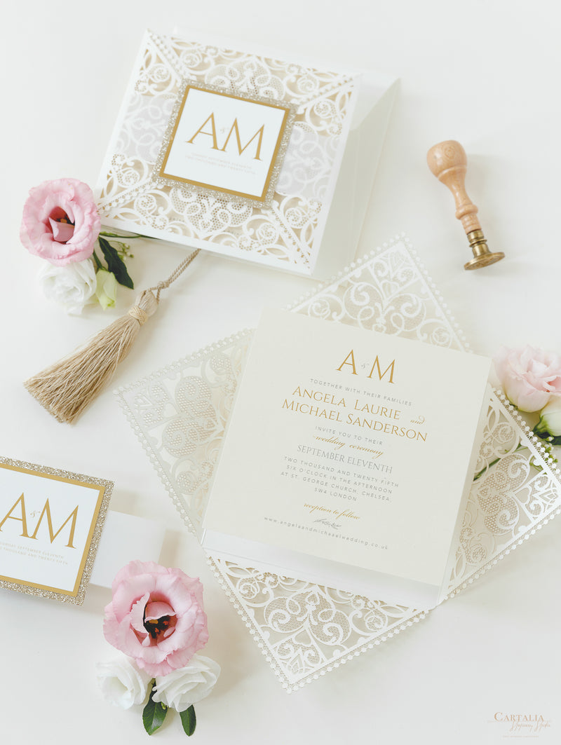 Monogram Belly Band Intricate Laser Cut Square Foil border with Glitter Pocket Invitation