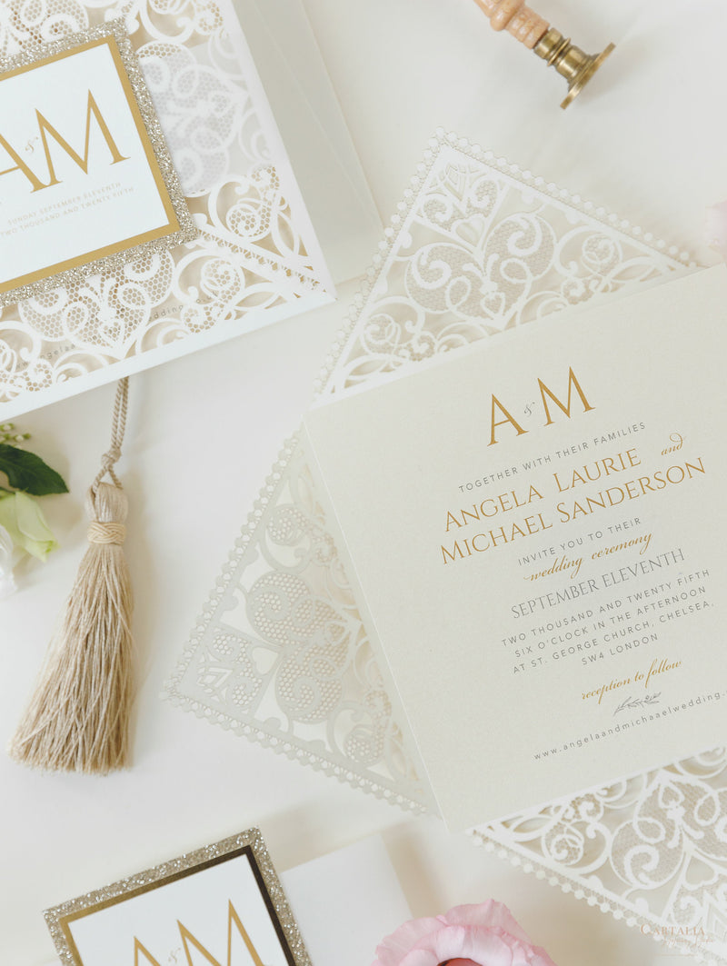 Monogram Belly Band Intricate Laser Cut Square Foil border with Glitter Pocket Invitation