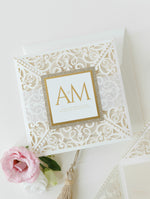 Monogram Belly Band Intricate Laser Cut Square Foil border with Glitter Pocket Invitation