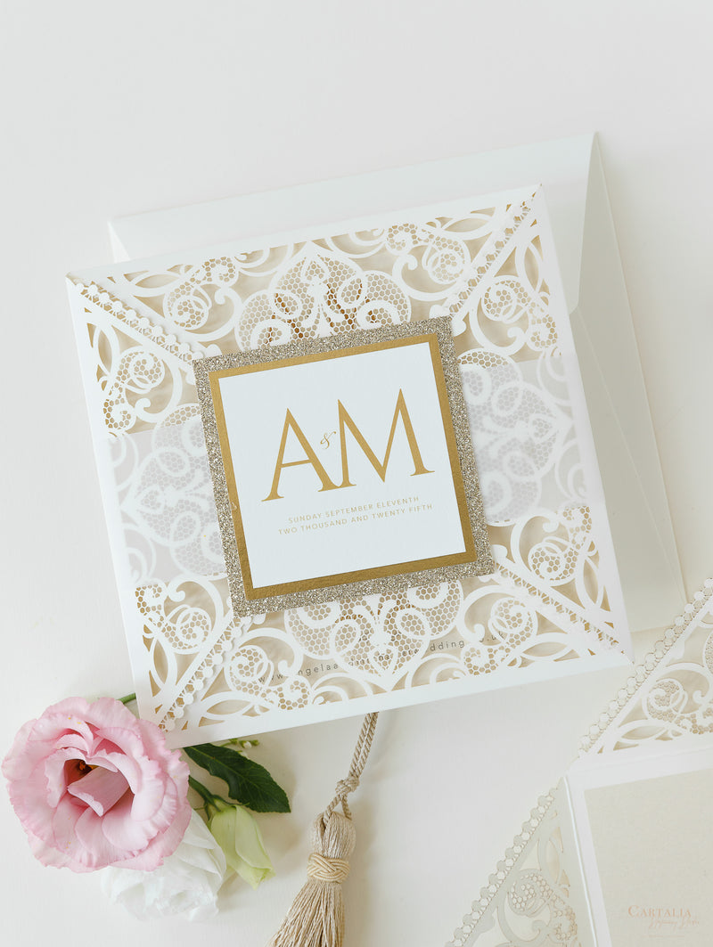 Monogram Belly Band Intricate Laser Cut Square Foil border with Glitter Pocket Invitation