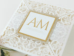 Monogram Belly Band Intricate Laser Cut Square Foil border with Glitter Pocket Invitation