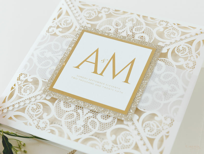Monogram Belly Band Intricate Laser Cut Square Foil border with Glitter Pocket Invitation