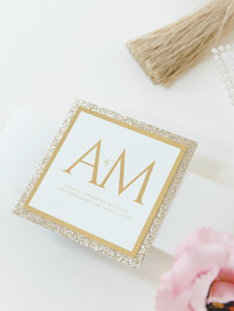 Monogram Belly Band Intricate Laser Cut Square Foil border with Glitter Pocket Invitation
