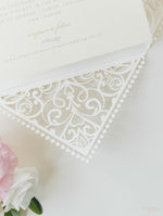 Monogram Belly Band Intricate Laser Cut Square Foil border with Glitter Pocket Invitation