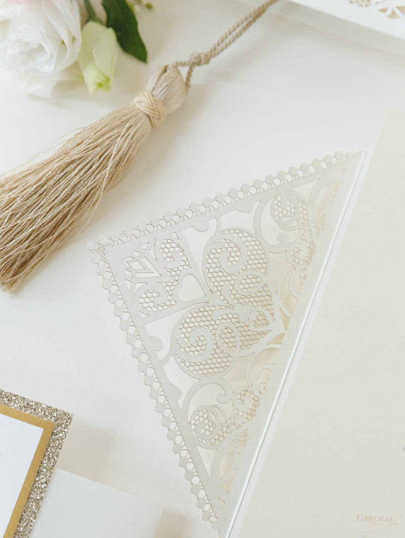 Monogram Belly Band Intricate Laser Cut Square Foil border with Glitter Pocket Invitation