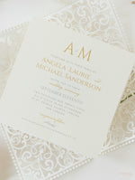 Monogram Belly Band Intricate Laser Cut Square Foil border with Glitter Pocket Invitation