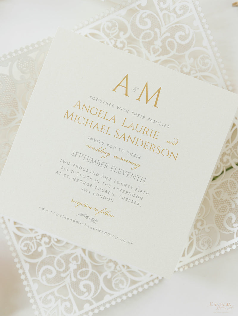 Monogram Belly Band Intricate Laser Cut Square Foil border with Glitter Pocket Invitation