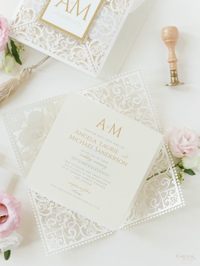 Monogram Belly Band Intricate Laser Cut Square Foil border with Glitter Pocket Invitation