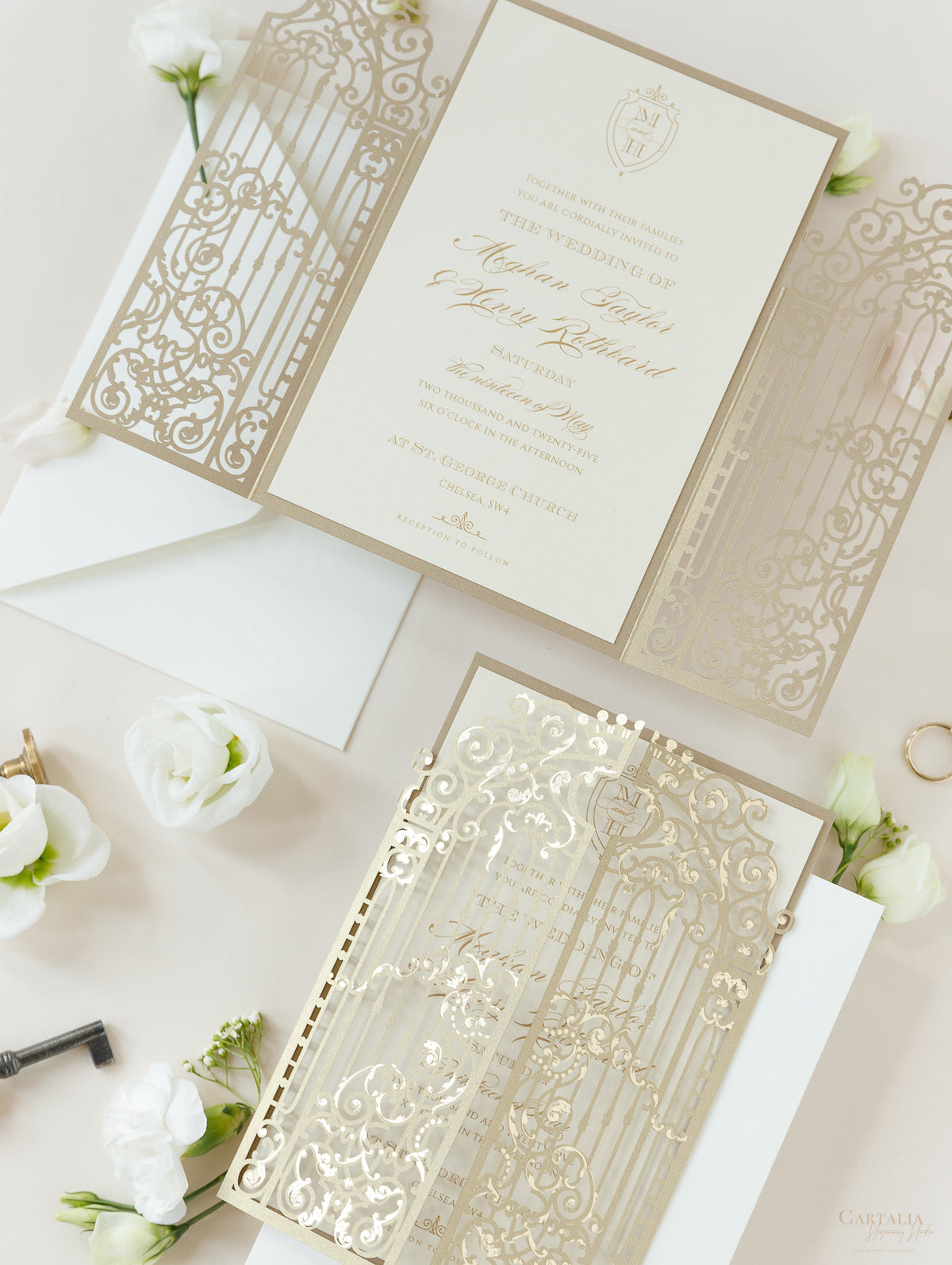 Luxury Foil Golden Ornamental Gate Laser Cut Wedding Day Invitation with Gold Foil Modern Calligraphy