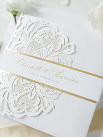 Champagne Opulence Laser Cut Lace Pocketfold Wedding Invitation Suite with 3 Tier :  Guest Info & Travel & Rsvp Card