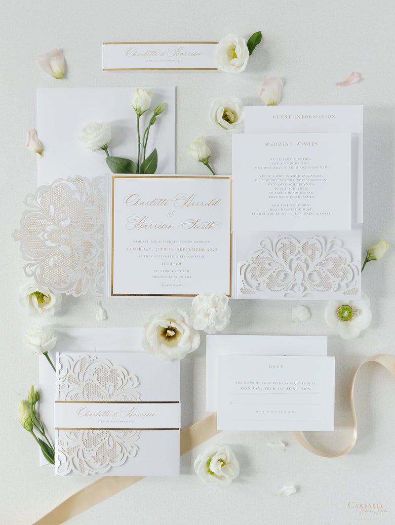 Luxury White & Gold Laser Cut Lace Pocketfold Wedding Invitation Suite with 3 Tier :  Guest Info & Travel & Rsvp Card