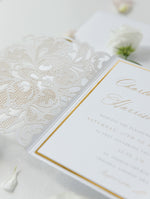 Luxury White & Gold Laser Cut Lace Pocketfold Wedding Invitation Suite with 3 Tier :  Guest Info & Travel & Rsvp Card