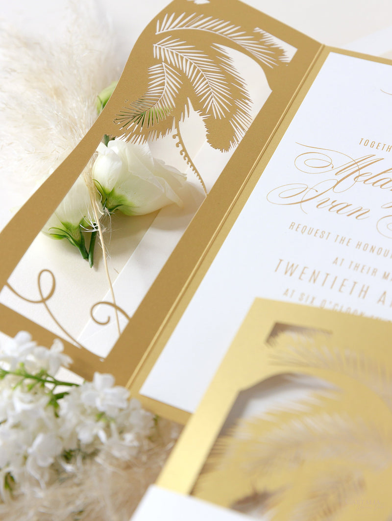 Golden Moroccan Palm Tree Intricate Die- Cut Invitation Suite