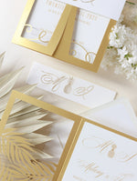 Golden Evening Palm Leaves Laser Cut Tropical Destination Invitation Collection