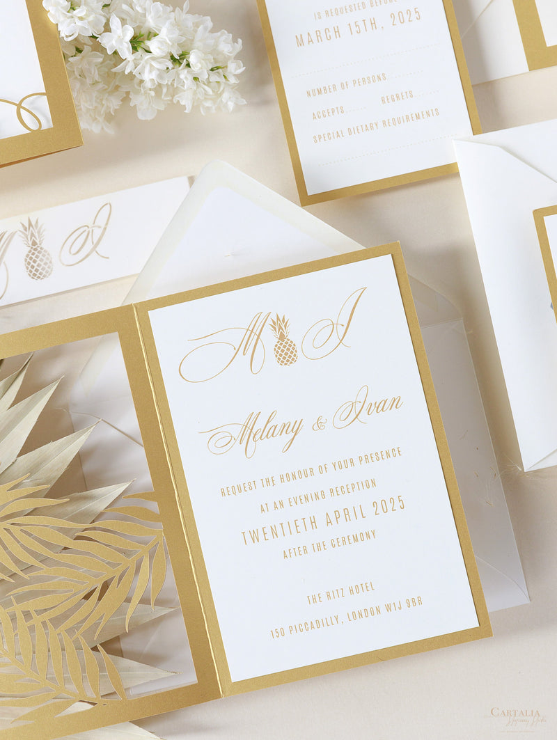 Golden Evening Palm Leaves Laser Cut Tropical Destination Invitation Collection