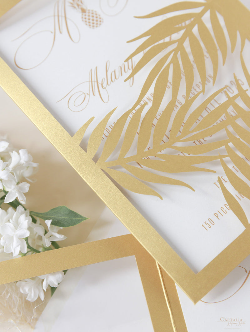 Golden Evening Palm Leaves Laser Cut Tropical Destination Invitation Collection