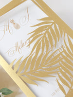 Golden Evening Palm Leaves Laser Cut Tropical Destination Invitation Collection