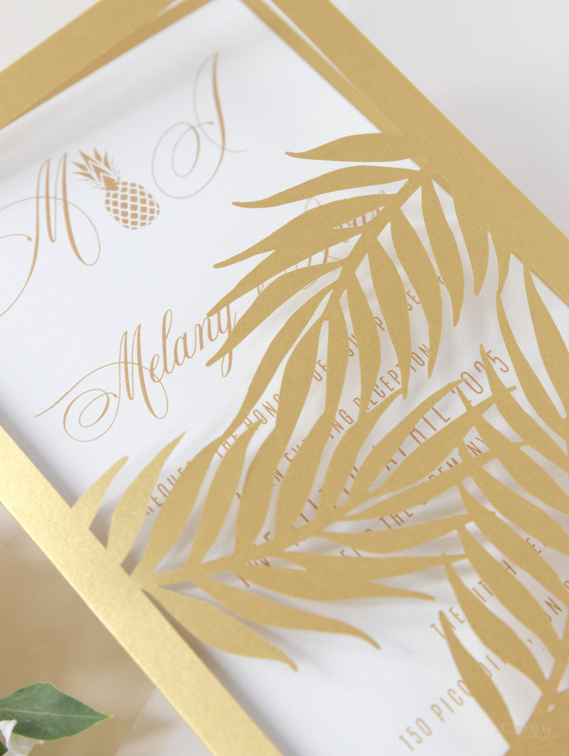 Golden Evening Palm Leaves Laser Cut Tropical Destination Invitation Collection