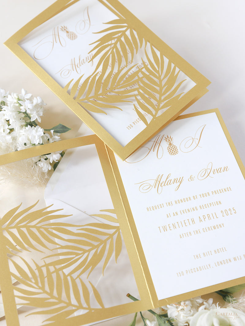 Golden Evening Palm Leaves Laser Cut Tropical Destination Invitation Collection