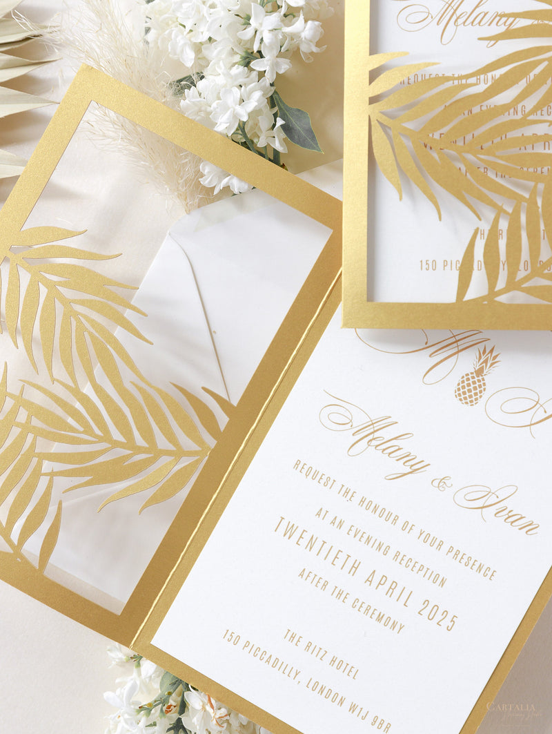 Golden Evening Palm Leaves Laser Cut Tropical Destination Invitation Collection