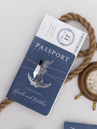 Invitaciones para pasaporte de boda náutica con etiqueta de barco plateada y lámina de ancla