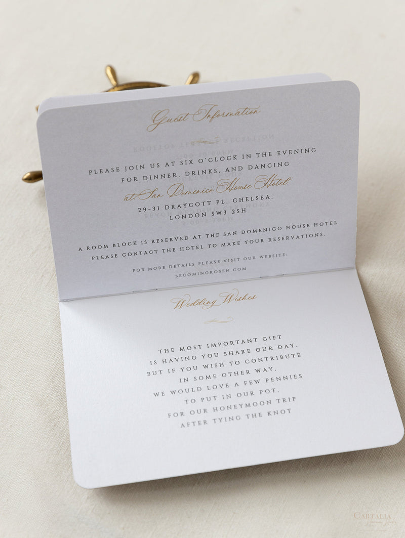 Premium Nude Leather Passport Invitations with Gold Foil & Personal Engraving