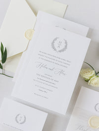 Invitación moderna para el día de la boda con marco hundido en relieve triple atemporal y sello de cera