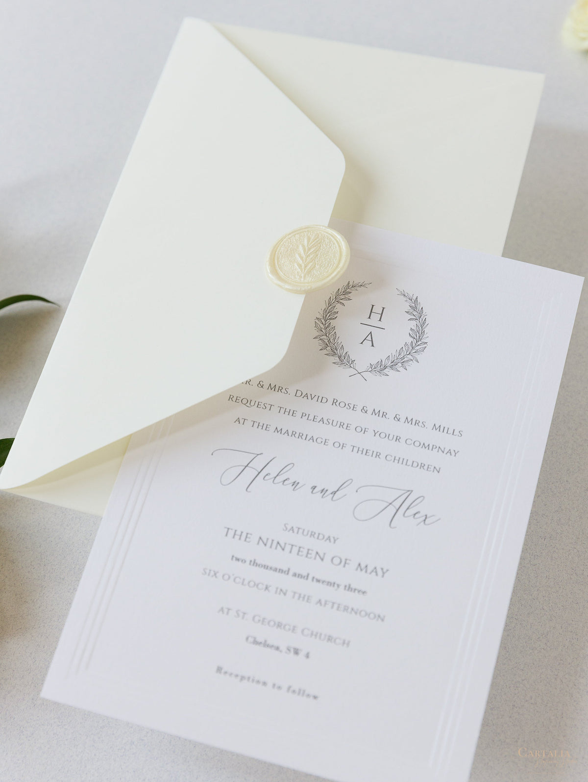 Timeless Triple Embossed Sunk Frame Modern Wedding Day Invitation with Wax Seal