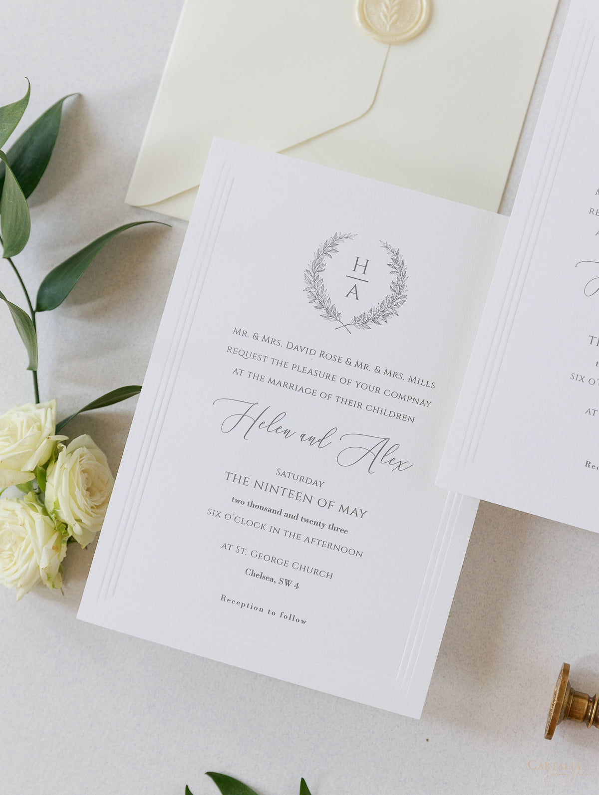 Timeless Triple Embossed Sunk Frame Modern Wedding Day Invitation with Wax Seal