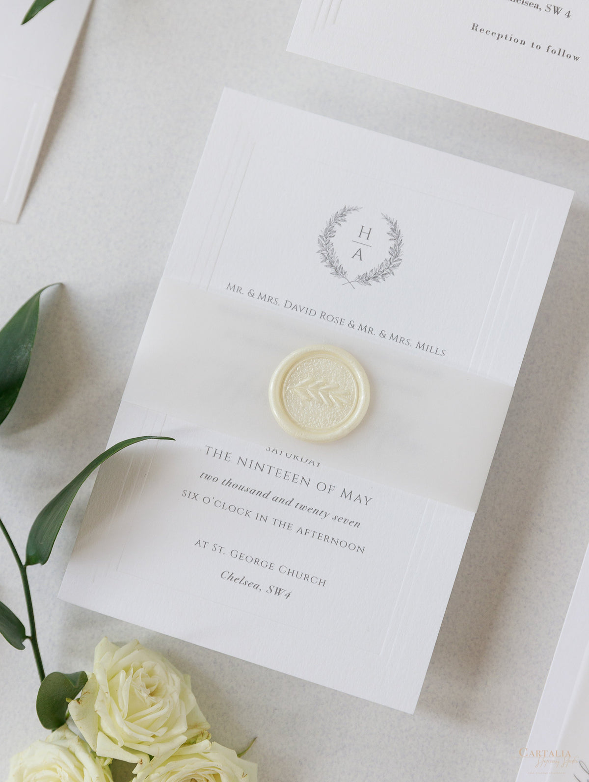 Timeless Triple Embossed Sunk Frame Modern Wedding Evening Invitation with Wax Seal