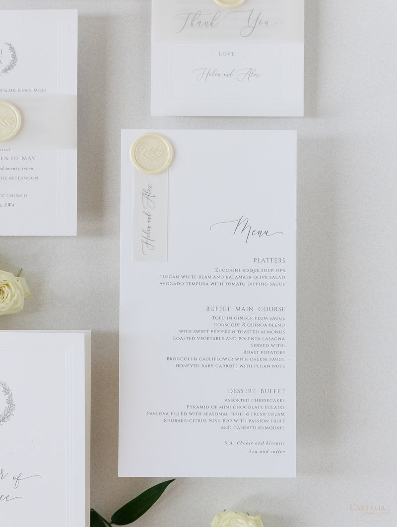 Classic Wedding Menu Cards with Guest Names & Wax Seal