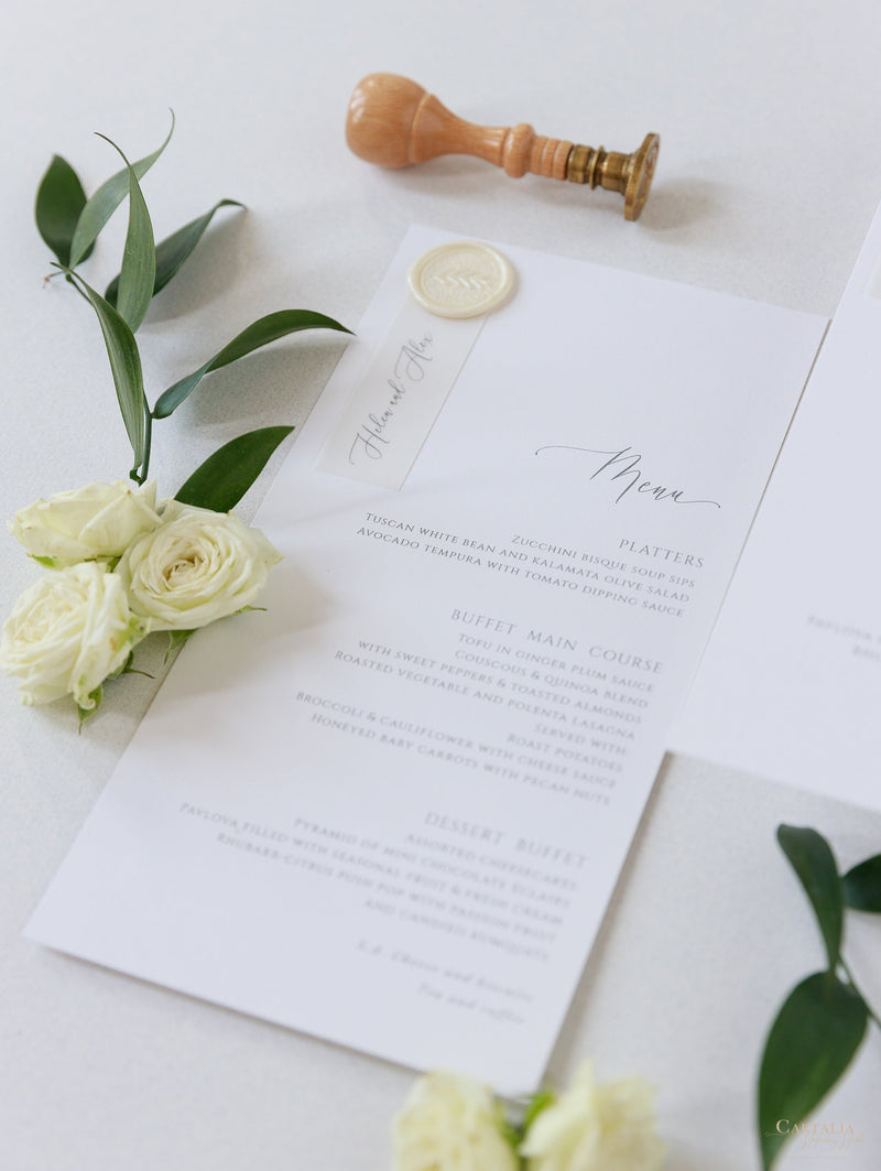 Classic Wedding Menu Cards with Guest Names & Wax Seal