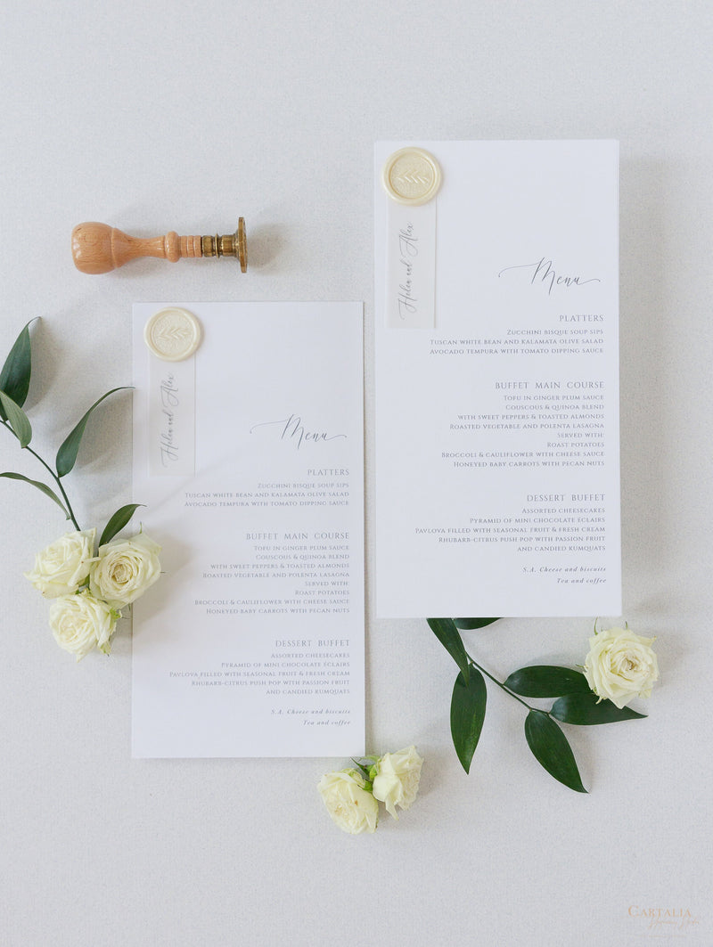 Classic Wedding Menu Cards with Guest Names & Wax Seal